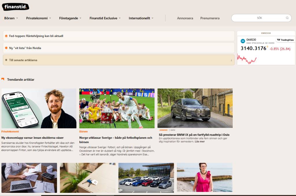 Startsidan med trendande artiklar och live börsindex (OMXS30) direkt på sidan.