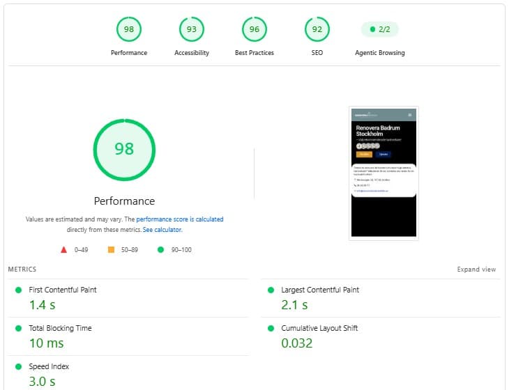 PageSpeed-resultat för Renovera Badrum Stockholm: 98 i prestanda, LCP 2,1 sekunder och CLS 0,032